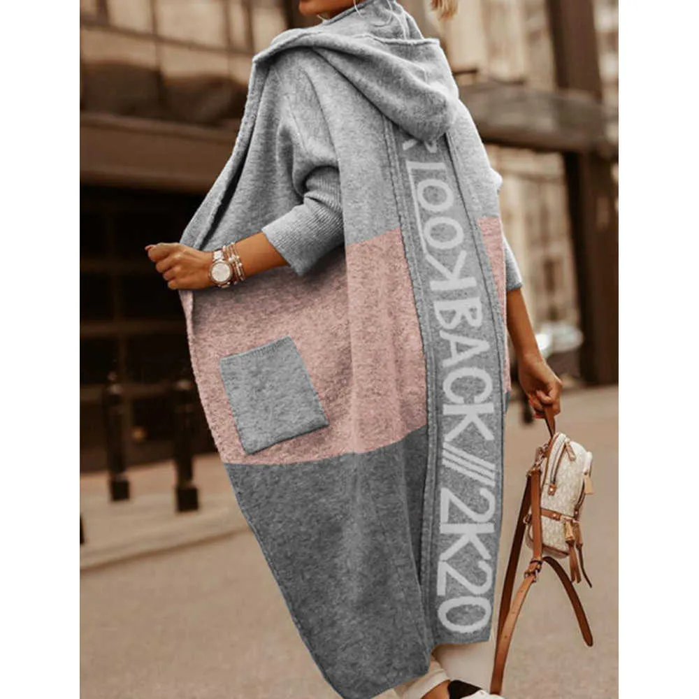 Nowssa Autumn Women Knitted Sweater Cardigan Open Stitch Hooded Letters Loose Sweaters Fall Fashion for 211026