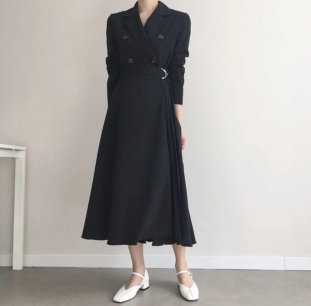 Double-breasted Vintage Dress Korean Style Long Sleeve High Waist Pleated Notched Collar Midi Female SSW060 210428