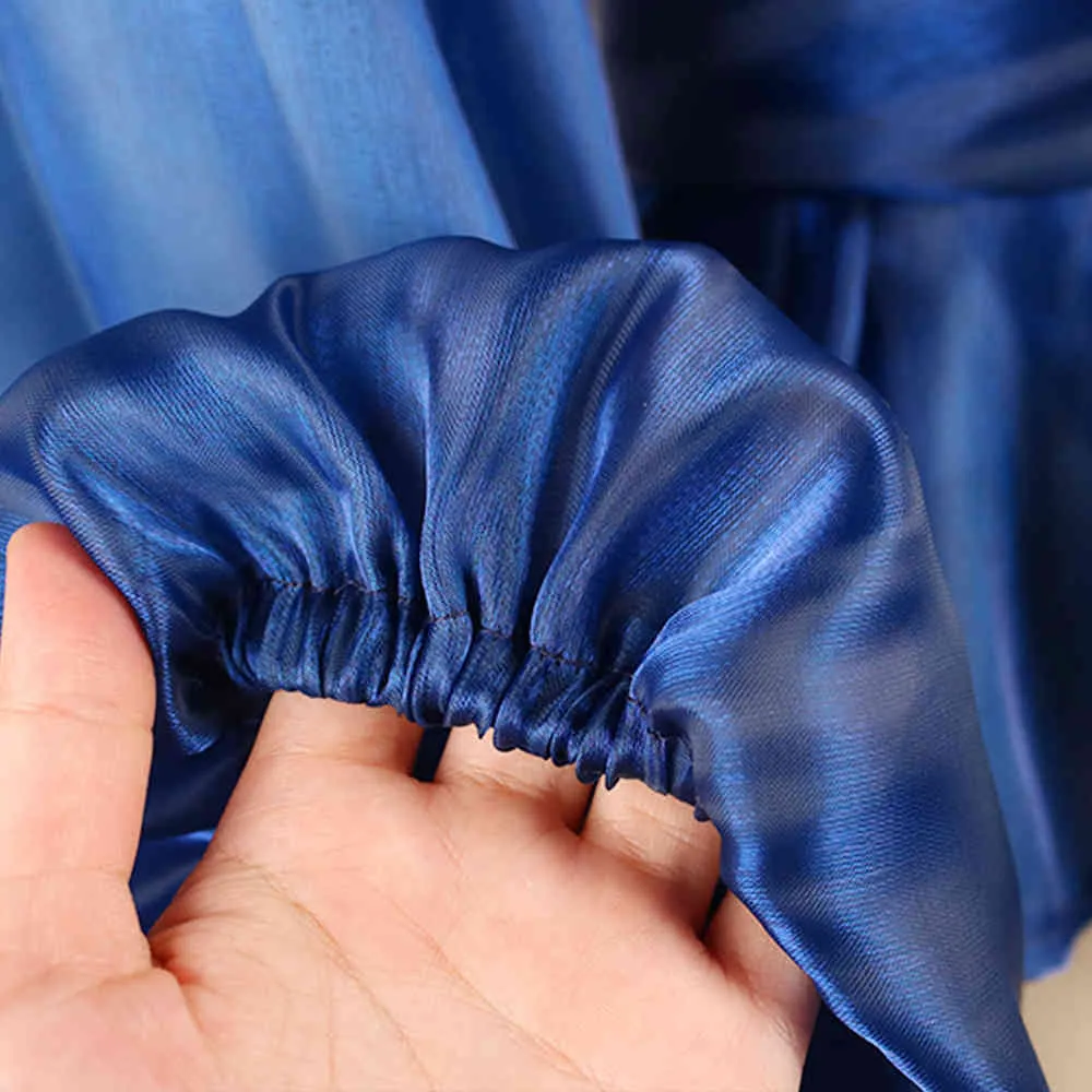 Women Sexy See Through Blouse V Neck Tops Lantern Sleeve Navy Blue Transparent Waist Belt Spring Summer Shirt Elegant Blusa 210416