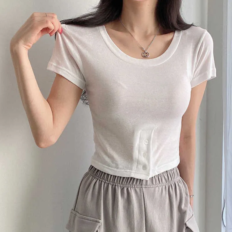 Korejpaa Mulheres T-shirt Verão Coreano Coreano Nicho Básico Neck Rodada Máquina Cuidado Botão Design Slim Slim Sleeved Tops 210526
