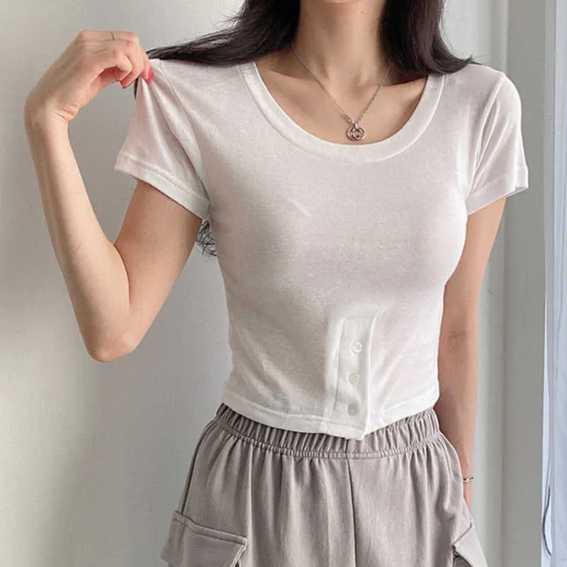 Korejpaa Women T-Shirt Summer Korean Chic Niche Basic Round Neck Careful Machine Button Design Slim Short-Sleeved Tops 210526