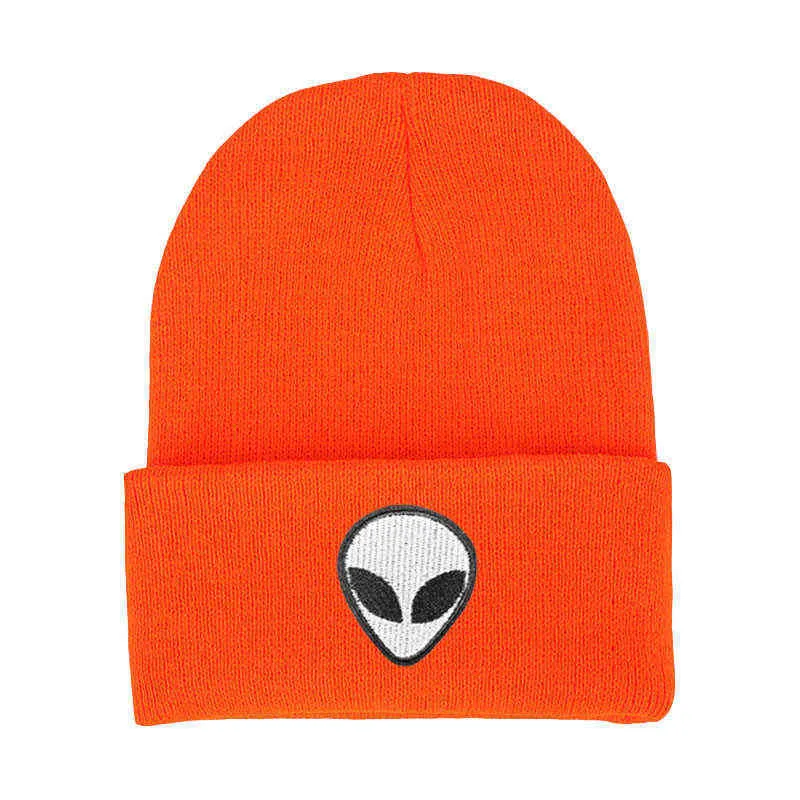 Warm Winter Embroidered Cuff Alien Hat for Women Men Knit Casual Beanie Autumn Solid Slouchy Hip Hop Funny Cute Black Lady Cap Y21111