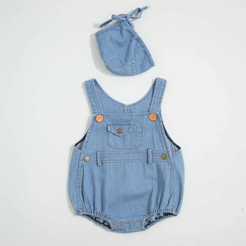 Lente babyjongen meisje bodysuit mouwloze denim jumpsuit met pet geboren schattige stijl kinderkleding E43 210610