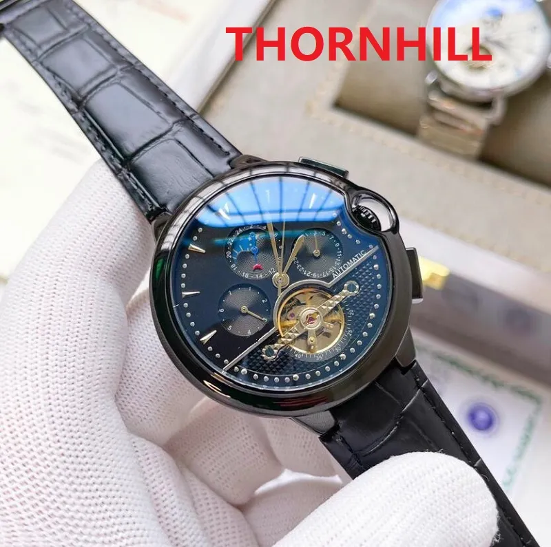 heren mechanische automatische romeinse maan horloges klassieke stijl 48mm zwart bruin lederen band 5ATM waterdicht super heldere wri242L