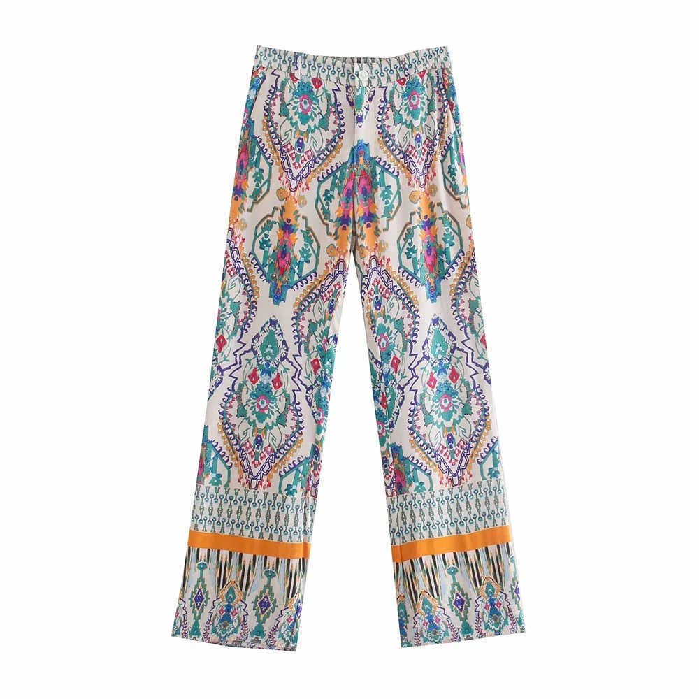 2021 Printed Flared Pants Women Vintage High Waist Back Elastic Summer Pant Fashion Patch Pocket Flared Legs Zip Woman Pants Q0801
