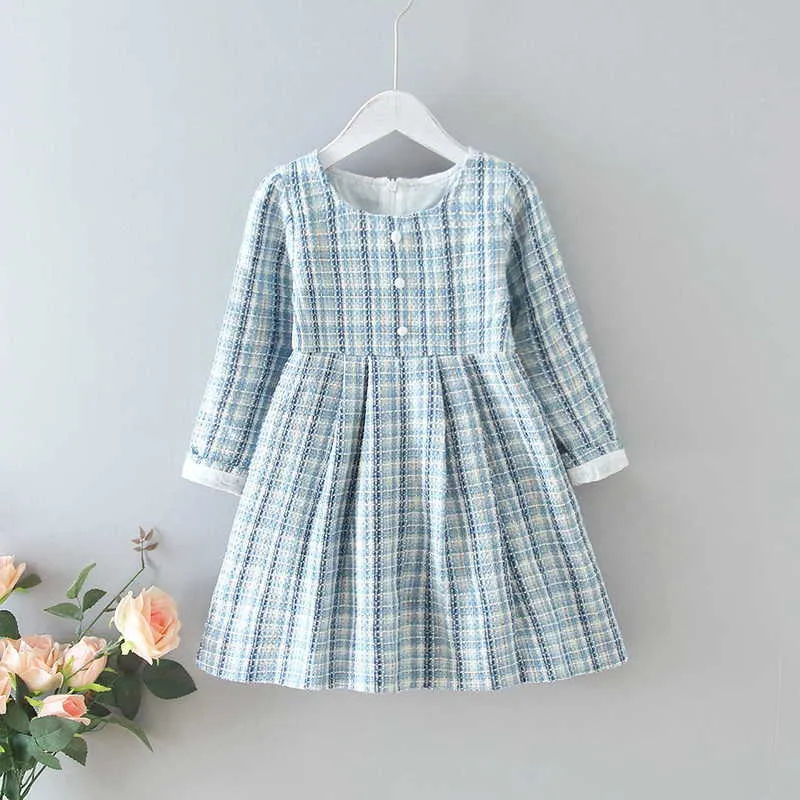 Koreaanse stijl lente kinderen meisjes jurk roze blauwe plaid lange mouw dame jurken kinderkleding E538 210610