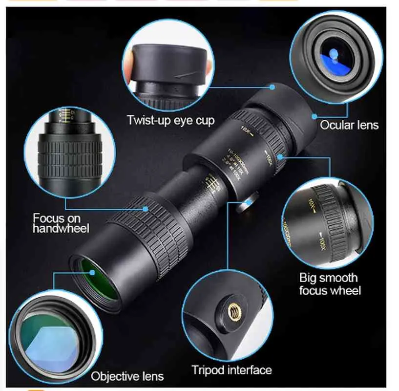 4K 10-300X40mm Super Telepo Zoom Monocular Telescope with BAK4 Prism Lens Beach Travel Outdoor Activities Sports