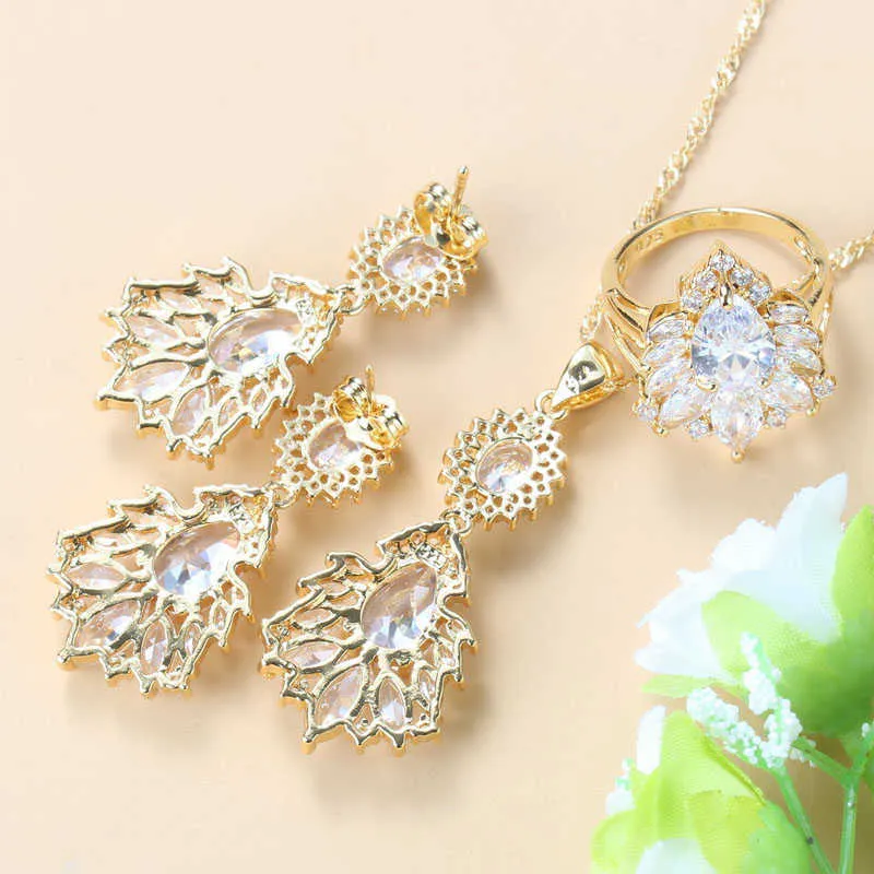 Perfect Women Bridal Big Jewelry Gold Colors Austrian Crystal Long Stud Earrings Bracelet And Ring 6-Colors Four-Piece Suit H1022