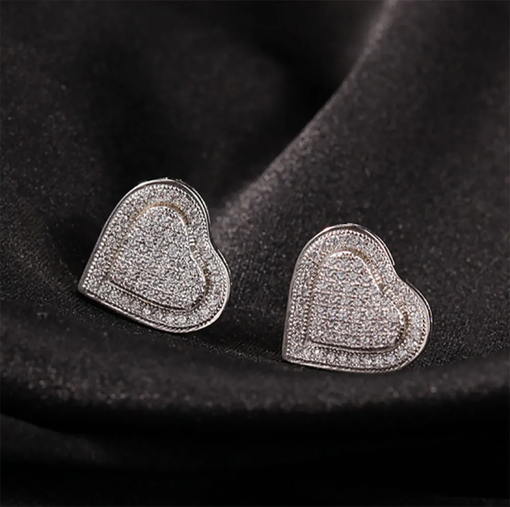 Boucles d'oreilles à double couche Love Heart Stud e décontractée 925 Silver Iced Out Diamond Micro Pave Cumbic Zircon Oreille Men Femmes GIF2854