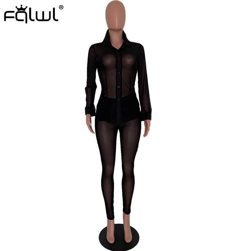 FQLWL See Through Sexy Club Neon da due pezzi Abiti da donna Manica lunga Bodycon Maglia Camicia Leggings Donna Set coordinati 2020 Y0625