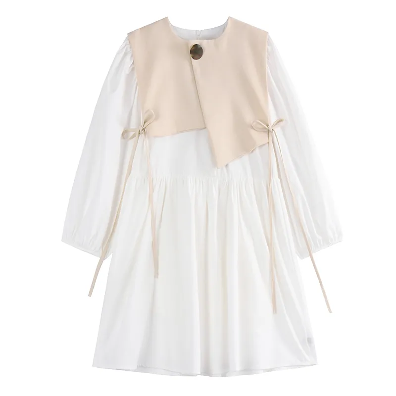 [EAM] Women Beige Ruffles Ribbon Elegant Dress Round Neck Long Sleeve Loose Fit Fashion Spring Autumn 1DD7857 21512