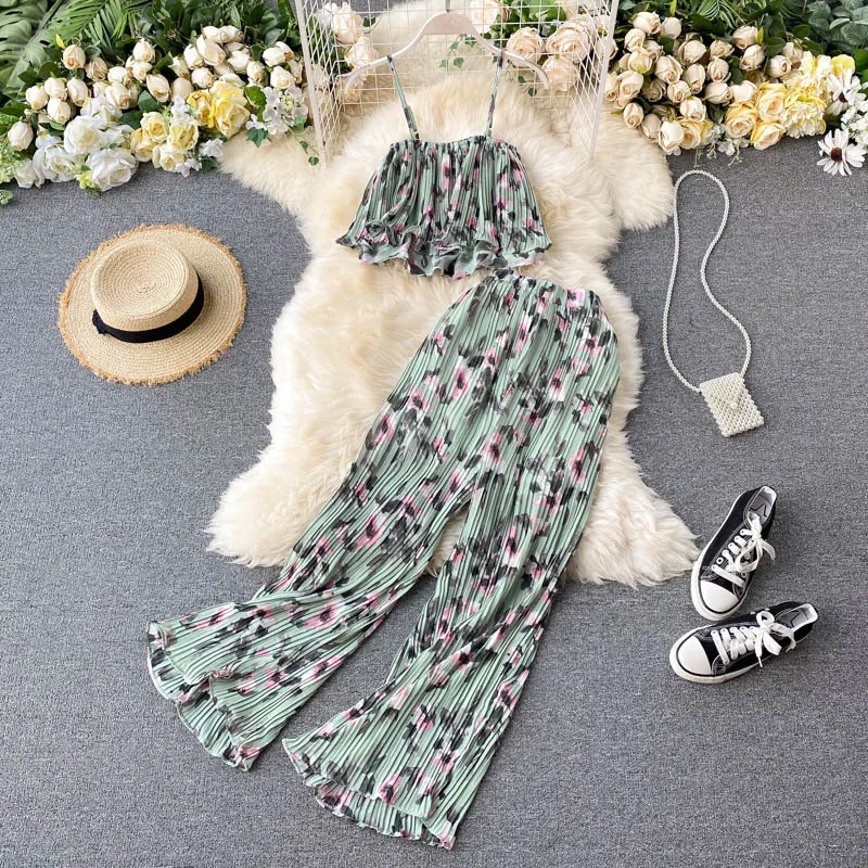 Ensembles d'été pour femmes Style de vacances imprimé caraco court plissé taille haute pantalon large deux pièces décontracté QX956 210507