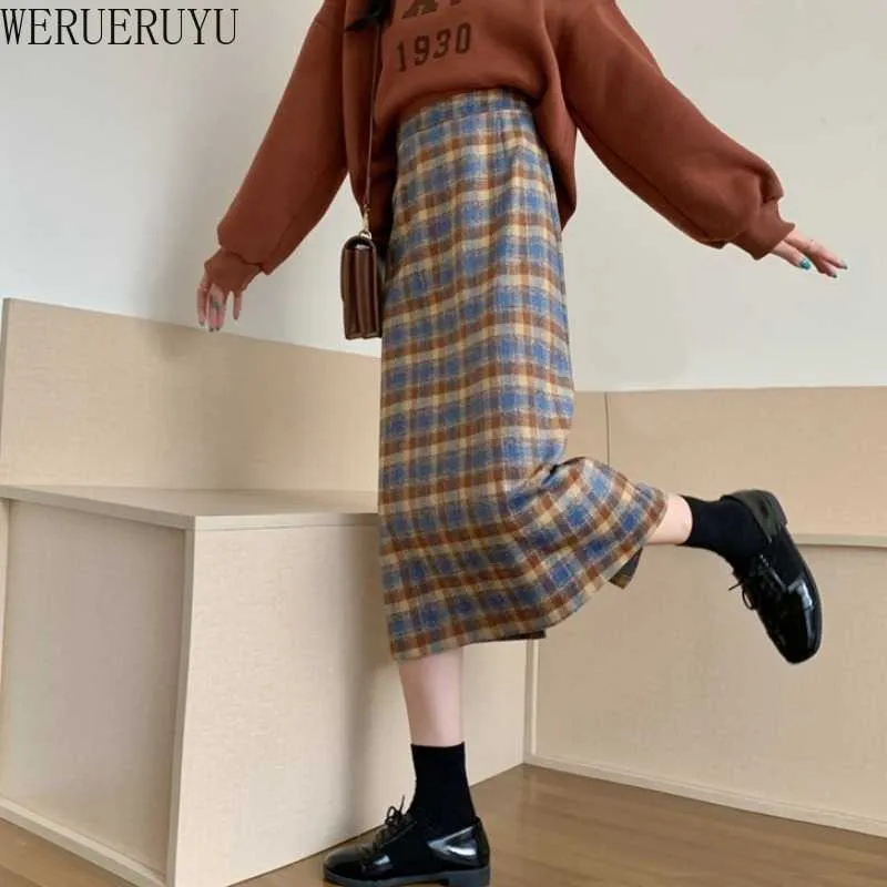 WERUERUYU High Waist Long Wool Plaid Skirt For Women Warm Wool Elegant Office Lady Vintage Skirt Autumn Winter Maxi Skirts 210608