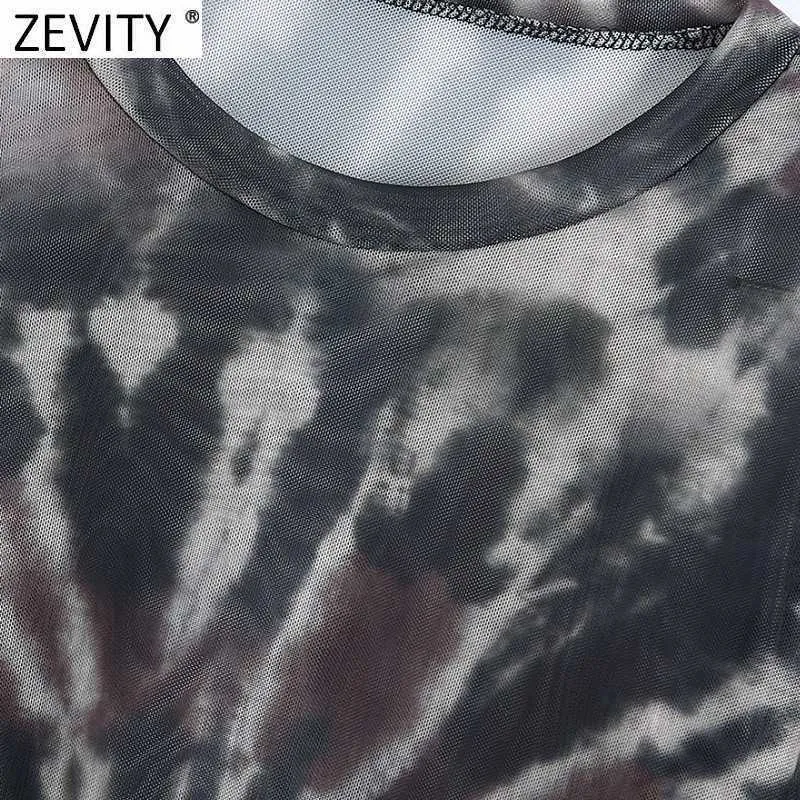 Zevity Frauen Chic Tie Dye Druck Transparent Mesh T Shirt Damen Langarm Tinte Malerei Casual Slim Freizeit Tops LS7392 210603