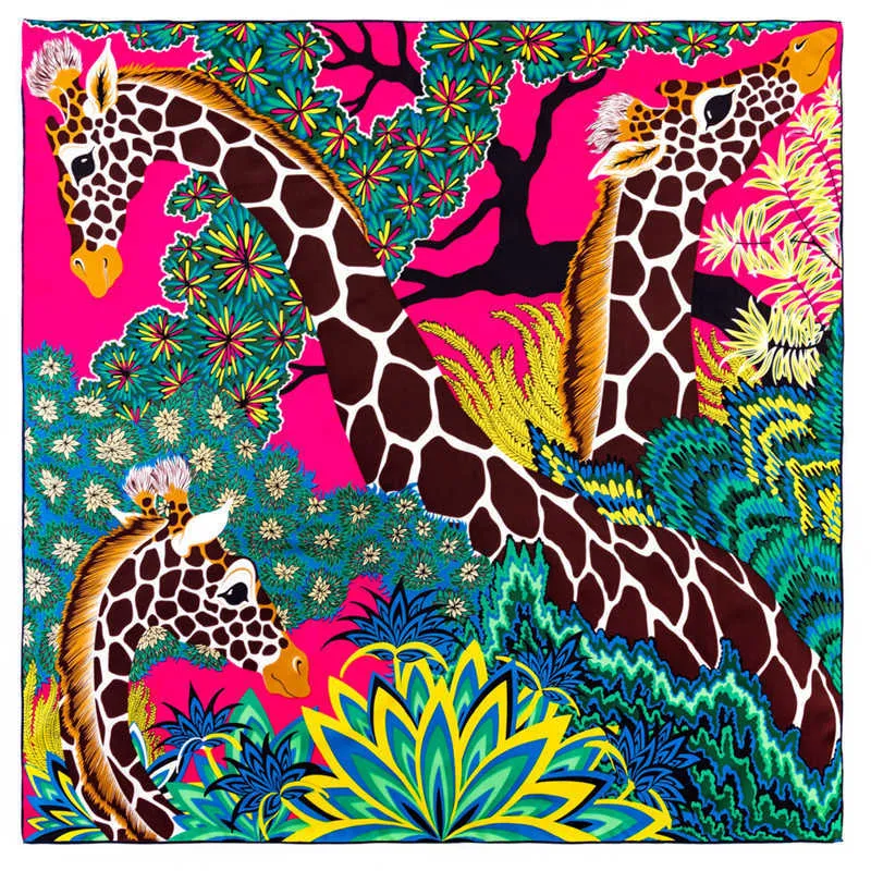 POBING Sciarpa di seta twill arrotolata a mano manuale Donna Tre giraffe Sciarpe quadrate Echarpes Foulard Femme Wrap Bandana Hijab 90CM Q0828
