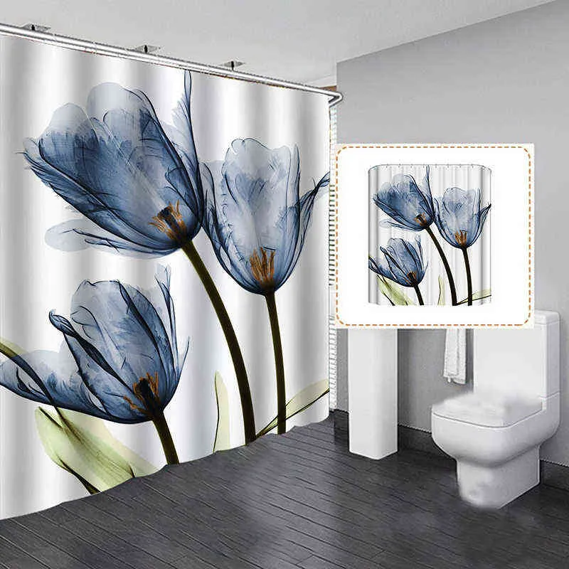 Tenda da doccia con motivo floreale a tulipano Tenda da doccia bagno Tessuto in poliestere Tenda da bagno con stampa 3D con ganci Decorazioni il bagno di casa 211116