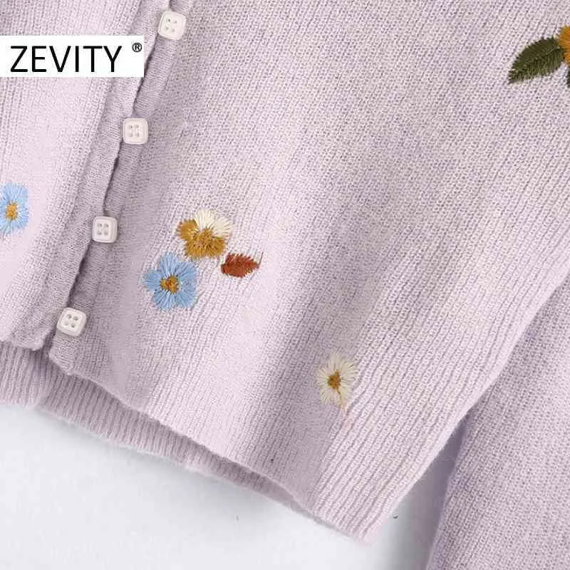 Zevity femmes mode v cou fleur broderie cardigan tricot pull dames à manches longues chandails décontractés chic hauts S402 210419