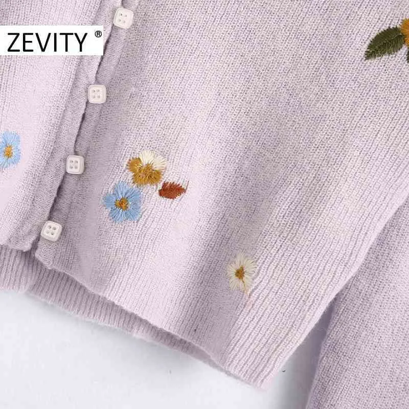 ZEVITY Women Fashion V Nek Bloem Borduurwerk Cardigan Knitting Sweater Dames Lange mouw Casual truien Chic Tops S402 210419