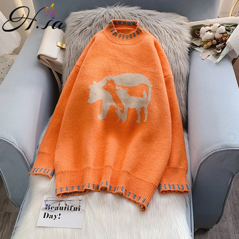 H.SA Mulheres Inverno Pulôver Casual Camisola Tops Half Turtleneck Sleeers Oversized Cartoon Cute Laranja Longuage Jumpers 210417