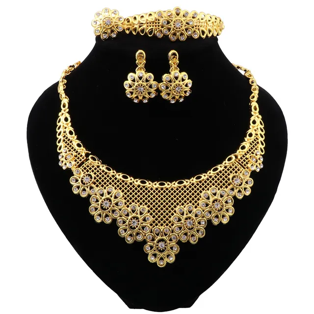 Luxo amarelo cor de ouro flor conjunto de jóias de cristal para mulheres colar pulseira brincos anel casamento nupcial jóias sets280v