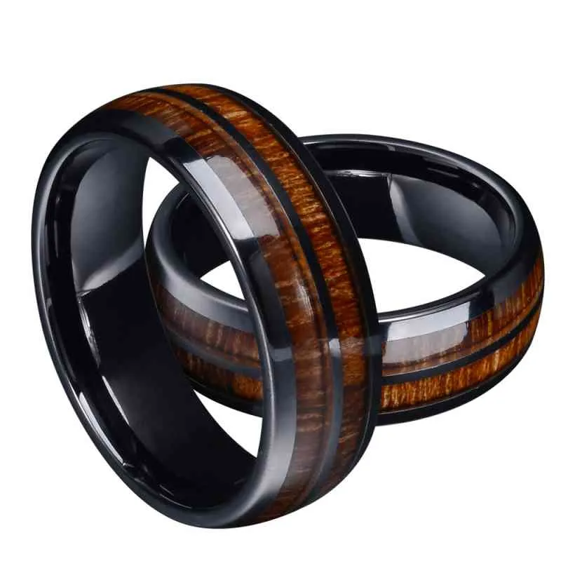 Nieuwe mode zwarte wolfraamcarbide ringen inlay Hawaiian Koa Wood ABALone Shell Men039S Betrokkenheid trouwringen Jubileum GIF8825184
