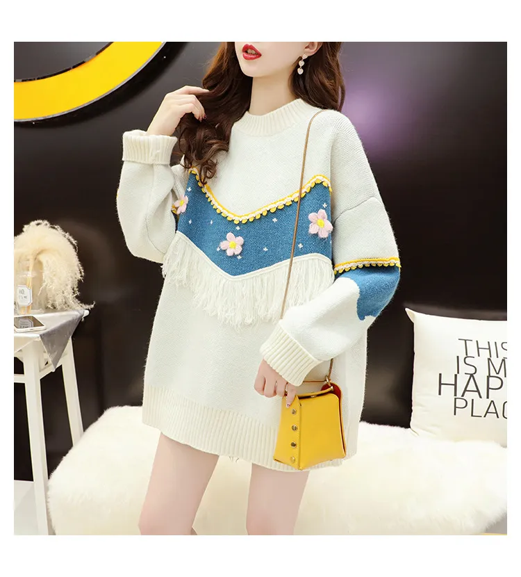 H.SA Women Pullover and Sweaters Long Sleeve Tassel Floral Pink White Tops Casual Spring Sweater Jumpers 210417