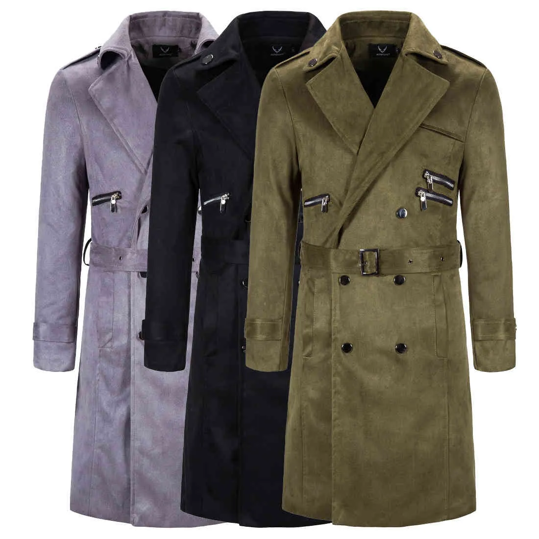 Wełna stały płaszcz Mężczyźni Jesień Długi płaszcz Podwójne Breasted Zipper Decoration Para Kurtka Dorywczo Slim Kieszonkowy Streetwear 210524