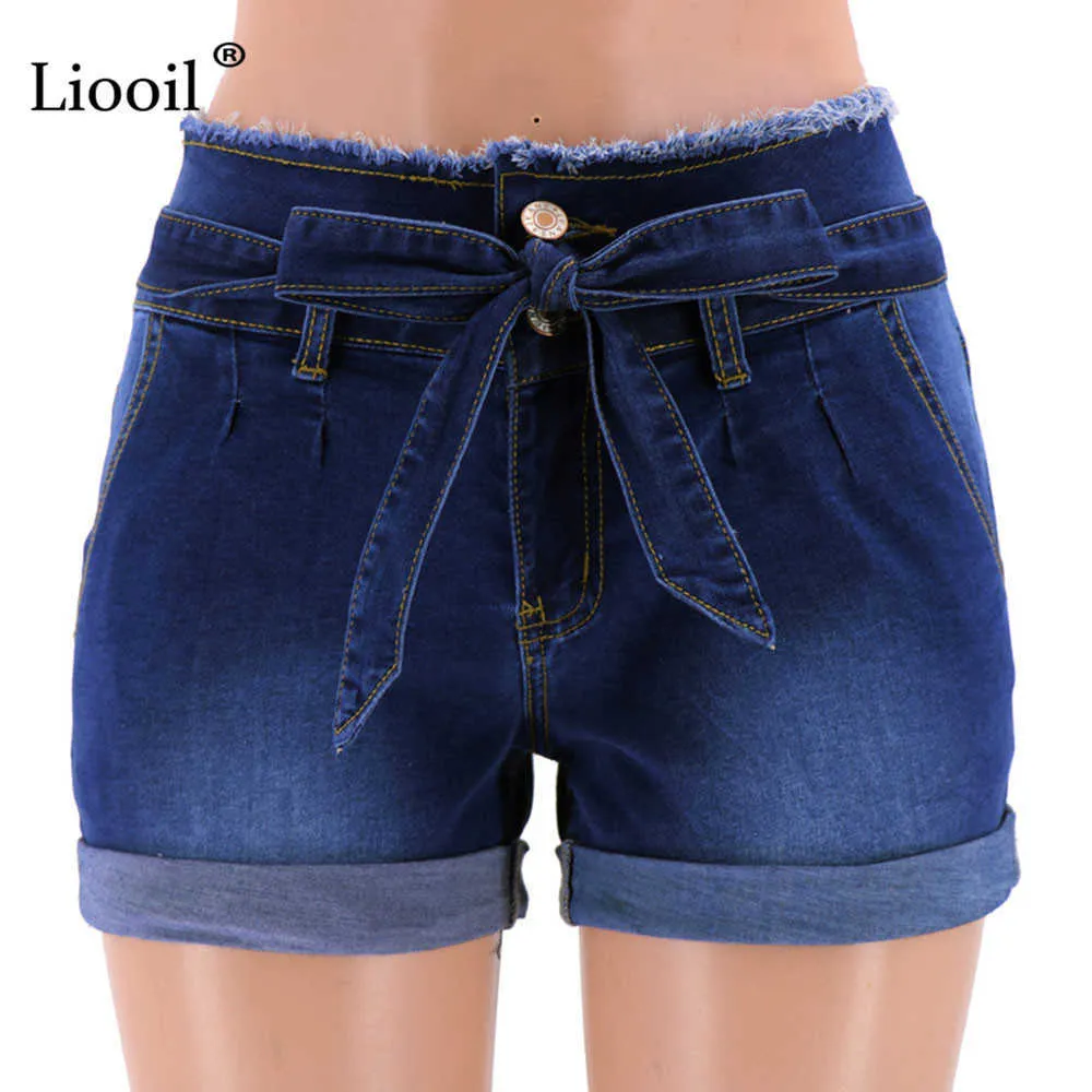 Liooil Casual Blue Denim High Taille Shorts Femmes Vêtements Streetwear Coton Lacets Sexy Slim Rave Jean avec poches 210714