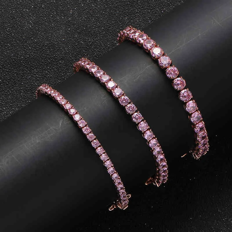 3mm-5mm hommes/femmes rose AAA + zircon cubique Tennis Hip Hop bijoux glacé 1 rangée or CZ bracelet à breloques pour cadeaux