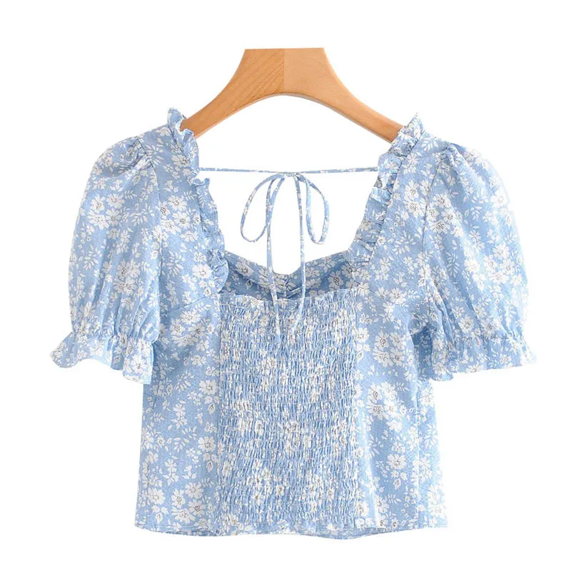 Mode d'été Femmes Floral Print Ruffle Puff Manches courtes Col carré Dos Élastique Tie Blouses Chic Crop Tops 210514