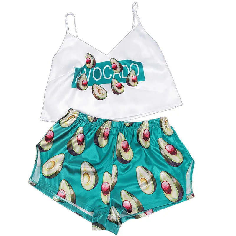 Verão Abacate Impresso Adorável Sleepwear V Neck Sexy Pijama Set Mulheres Solta Pijama Cetim Top e Shorts Home Terno Q0706