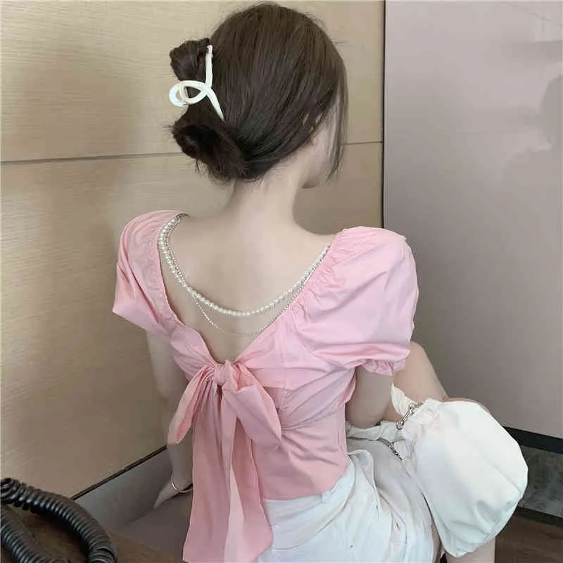 Sexy Fashion Crop Top Slim White Square Neck Puff Sleeve Backless Camicetta Donna Bow Blusas Mujer Pink Pearl Chain Camicie Sweet 210429