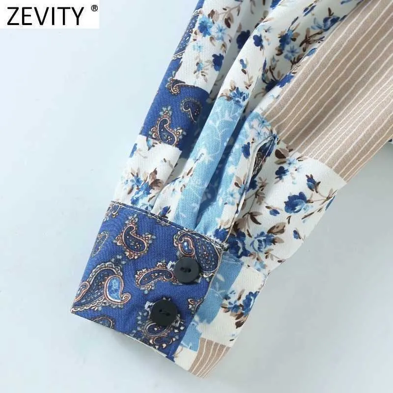 Zevity Frauen Vintage Tuch Patchwork Druck Saum Bowknot Casual Bluse Weibliche Langarm Breasted Roupas Chic Chemise Tops LS9085 210603