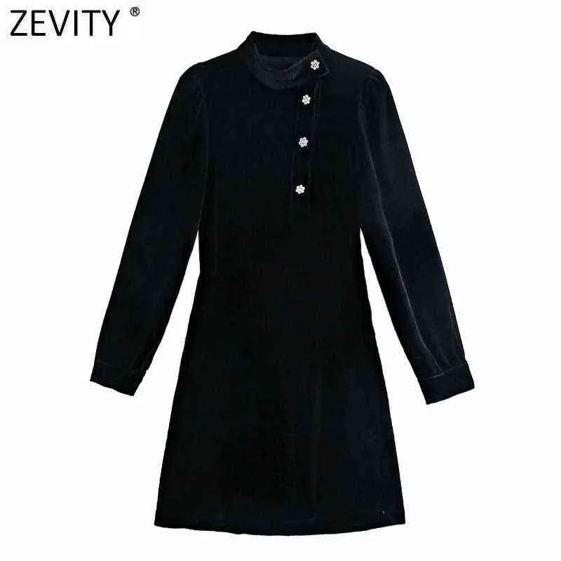 Zevity 2021 Women Stand Collar Diamond Buttons Decoration Casual Slim Black Velvet Dress Female Chic Party A Line Vestido DS5051 Y1204