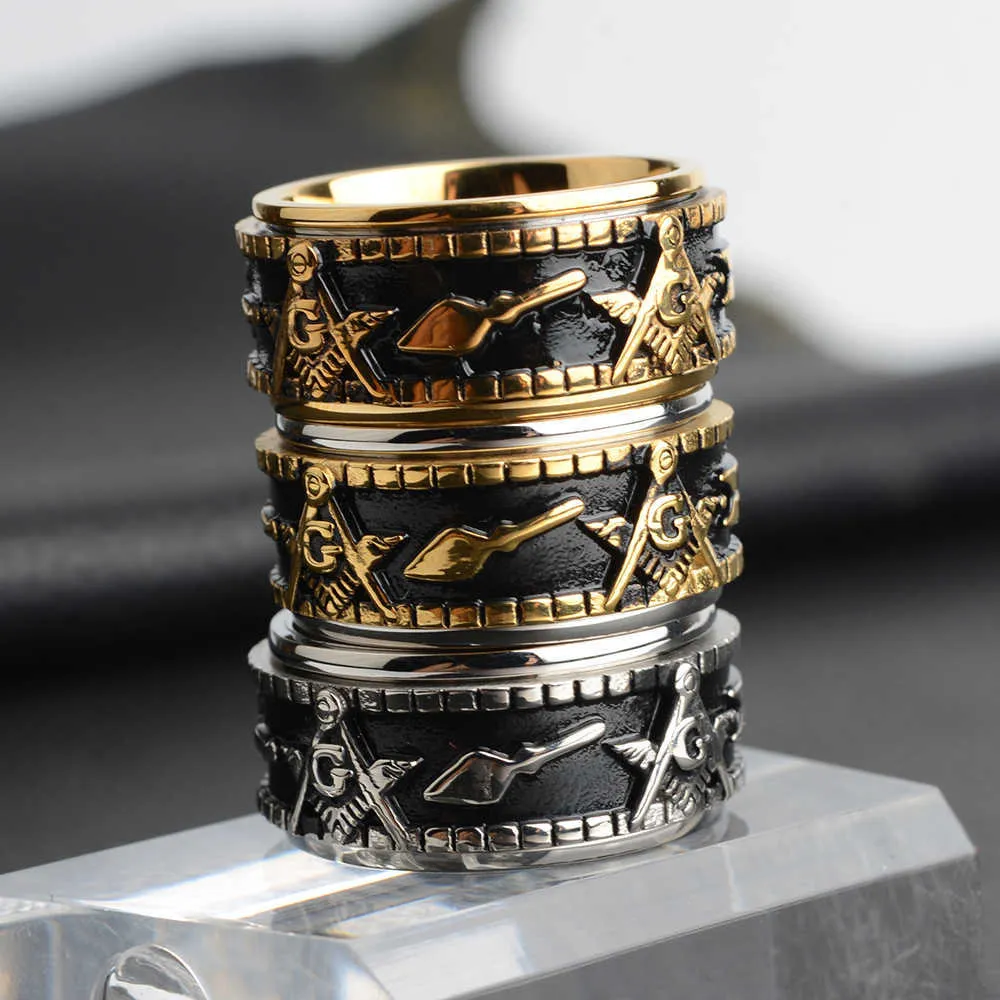 男性のための回転式ステンレス鋼のメーソンのリングのための男性の署名FreemasonのリングFreemasonryヴィンテージパンクジュエリーメンズ男性アニリオスギフトx0715