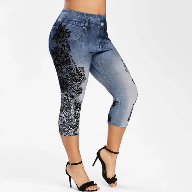 Coloré Imprimé Denim Pantalon Femmes Jeans Leggings Taille Haute Culotte Pantalon Super Élastique Jegging Plus La Taille S-3XL 210515