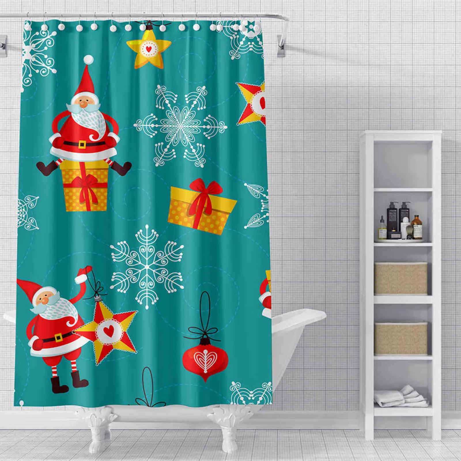 3Dプリントクリスマスシャワーカーテンバスルームカーテンフック付きバスルームカバー用浴室防水防水防水シャワーカーテン211116
