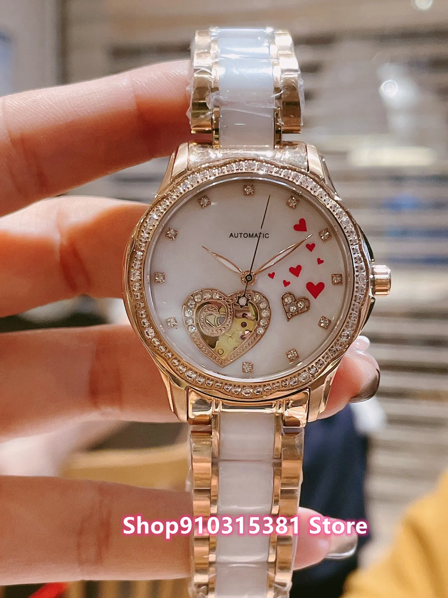 Mode femmes en acier inoxydable coeur géométrique montres étanche dame automatique mécanique montre en céramique Tourbillon horloge 32mm