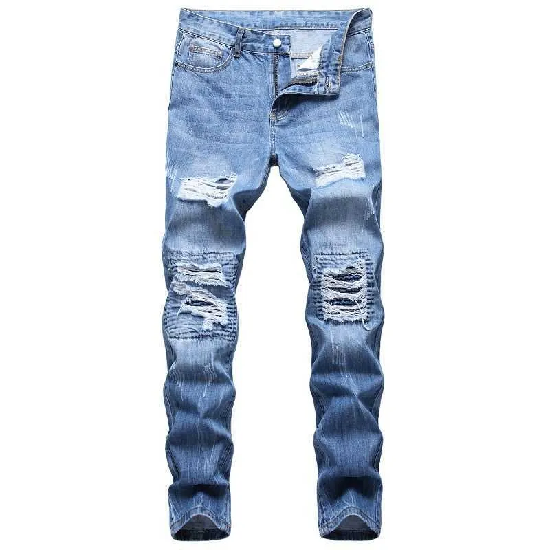 Yeni Skinny Jeans Erkekler Denim Motosiklet Pantolon Jean Homme Erkek Yırtık Biker Streç Pantolon Slim Fit Hip Hop erkek Moda Pantolon X0621