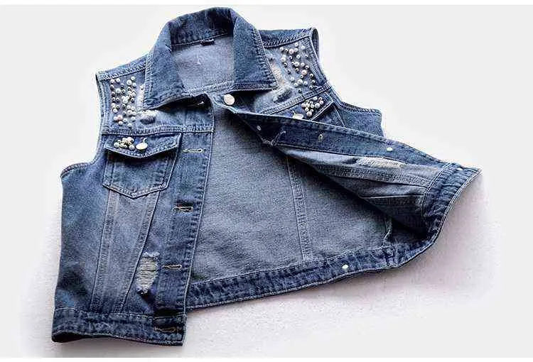 5XL grande taille sans manches femmes gilet été Denim gilet mode décontracté court jean veste perlée trous mince manteau 211120