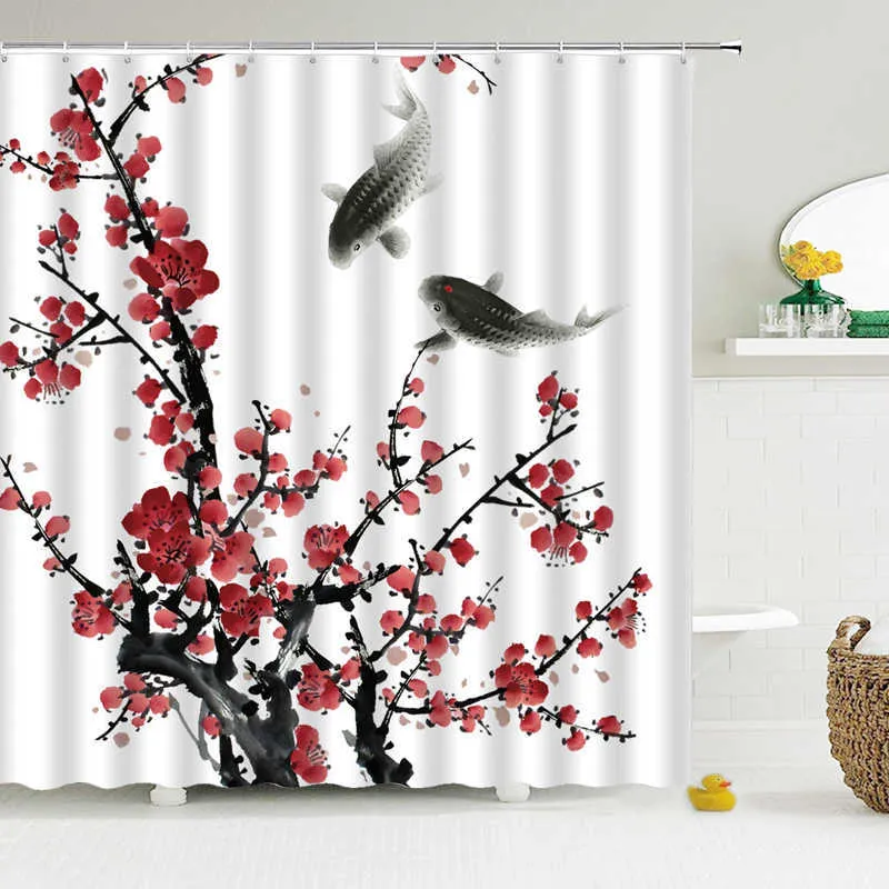 中国風の花鳥シャワーカーテンバスルーム防水ポリエステル生地の浴室のカーテンプリントカーテンバススクリーンマット210609
