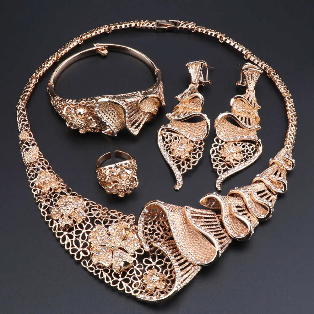 Nuovi set di gioielli indiani color oro da sposa set di gioielli in cristallo di Dubai le donne collana orecchini bracciale anello set H1022