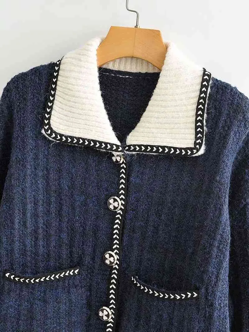 Jesień Vintage Striped Line Contrast Color Turn Down Collar Cardigan Knitting Retro Sweter Kobieta Pojedynczy przycisk Jumper 210429