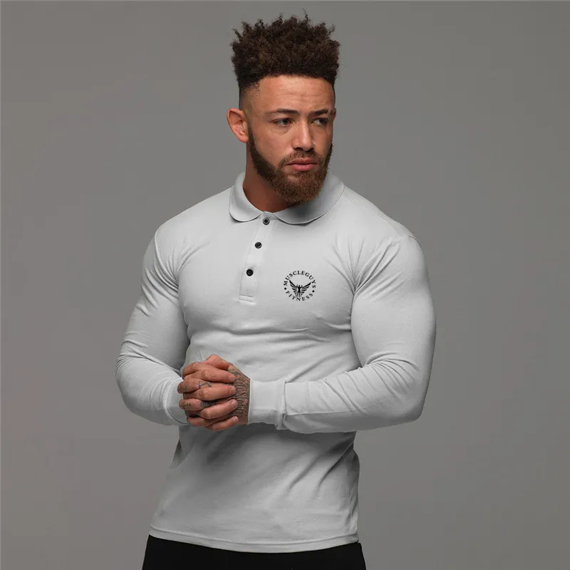 Muskleguys jesień moda polo koszulka mężczyźni z długim rękawem Slim Fit Turn Collar Pouroshirt Casual Mężczyzna Gym Sportswear Polo T Shirt 210421