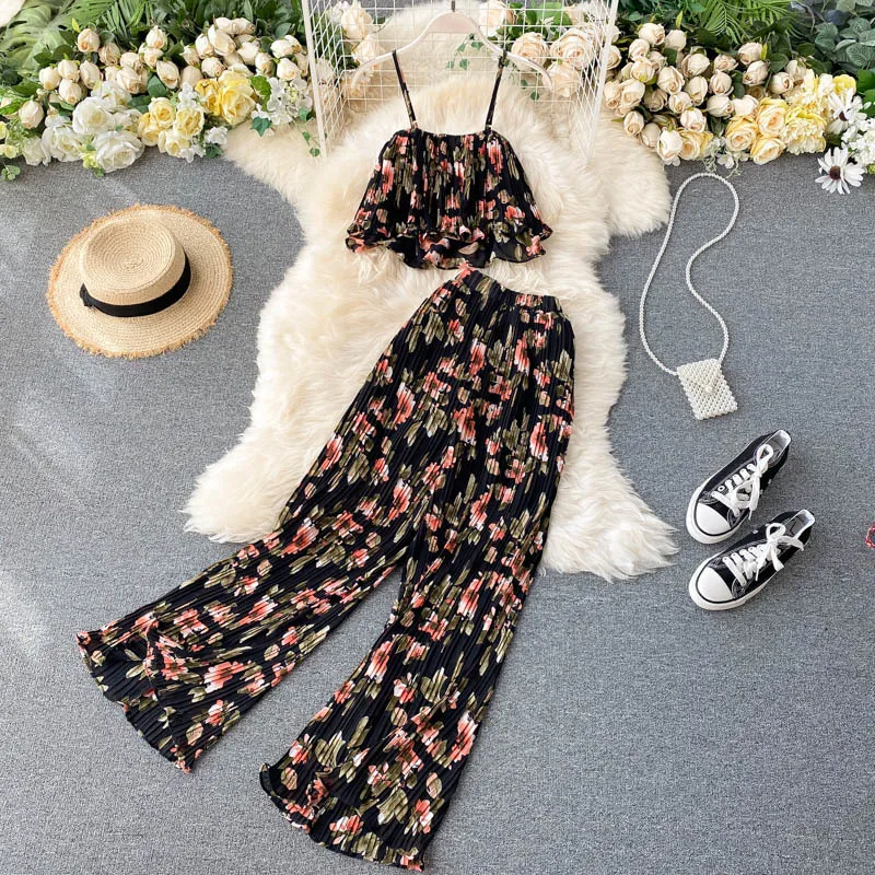 Ensembles d'été pour femmes Style de vacances imprimé camisole courte plissée taille haute pantalon large deux pièces décontracté LL956 210507