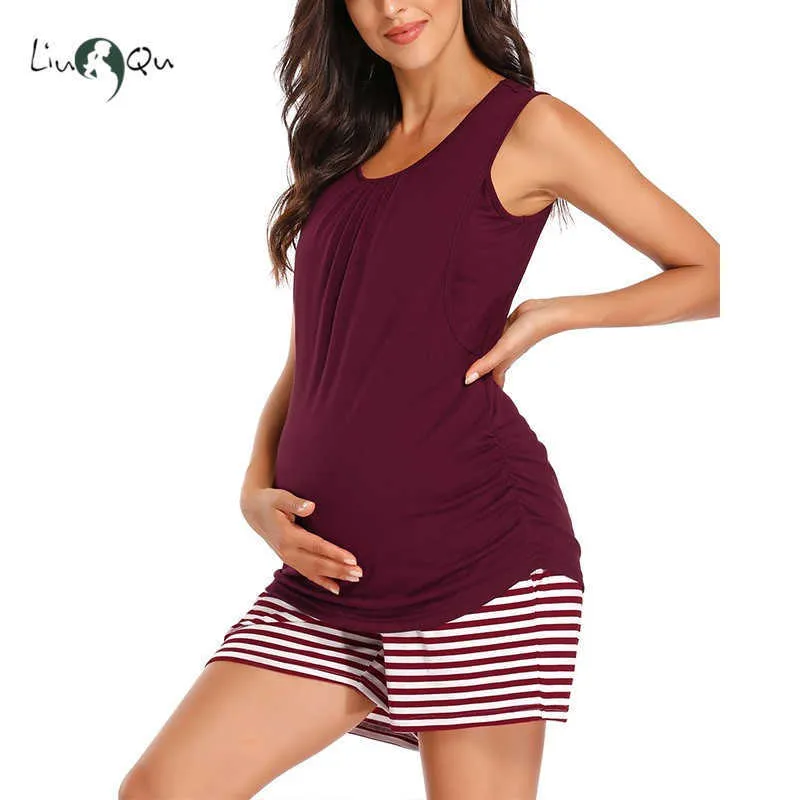 Maternidad Sleep Lounge Conjunto de 2 piezas Mujeres Embarazo Sin mangas Camisetas sin mangas Ropa de lactancia a rayas 210918