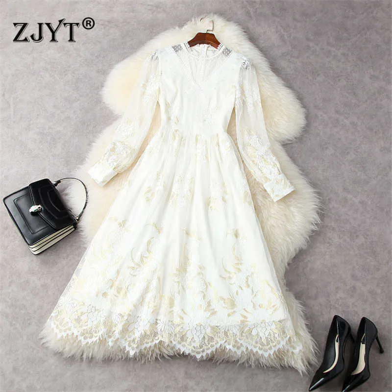 Spring Runway Fashion Long Sleeve Hollow Out Lace Princess Party Dress Women High Quality Clothes Elegant Robe 210601