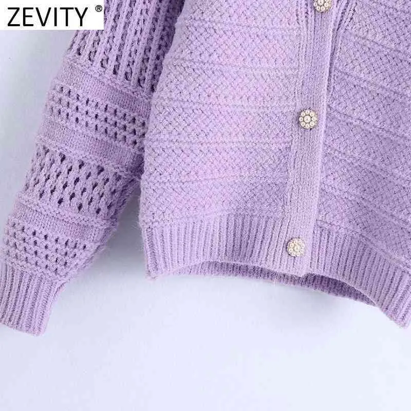 Femmes mode col en V violet couleur Patchwork Crochet tricoté pull femme poire boutons Chic Cardigans hauts S721 210420