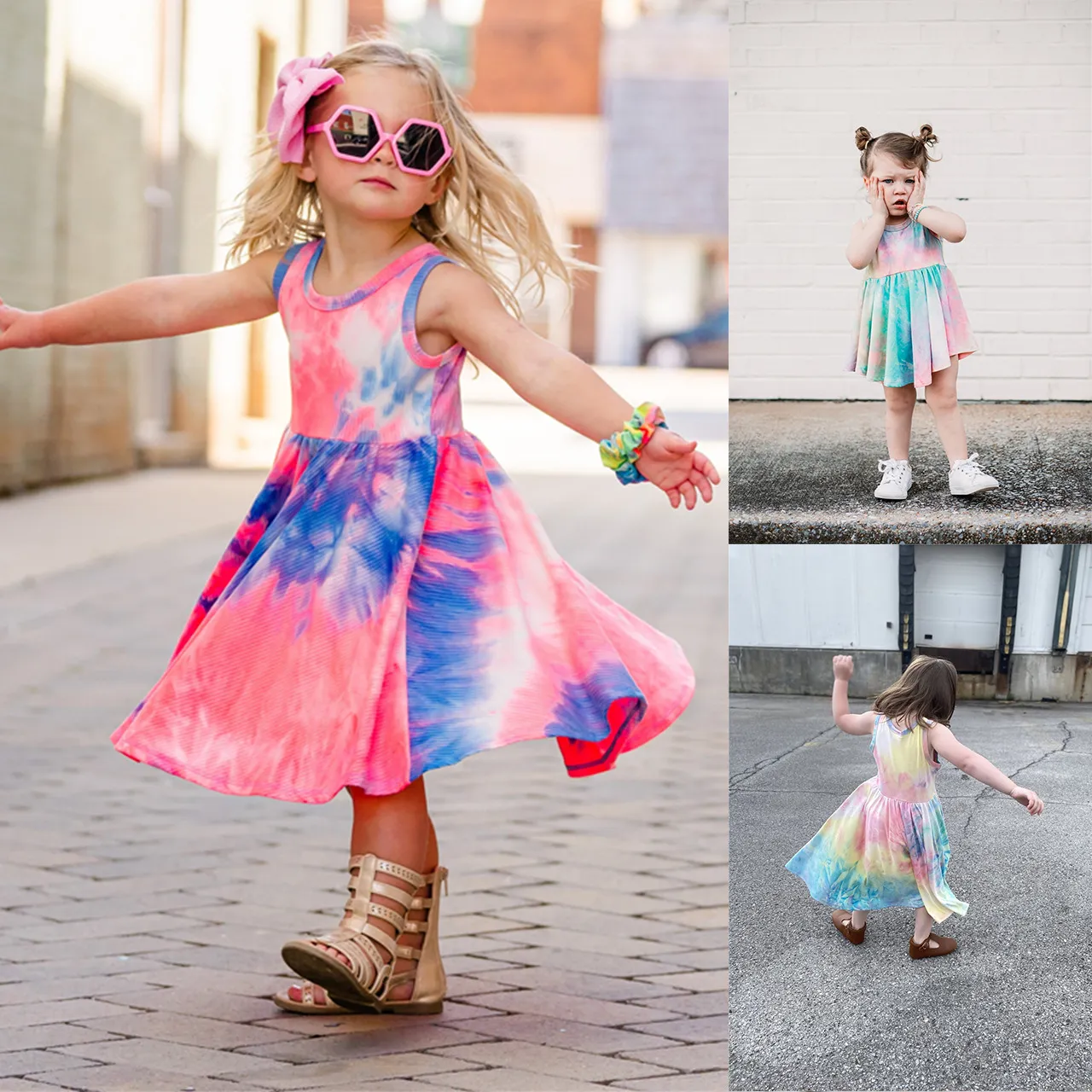 패션 염색 인쇄 길의 드레스 어린이 공주 스커트 민소매 아기 드레스
