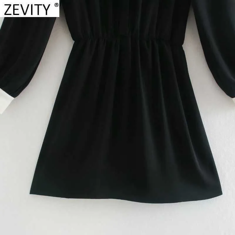 Zevity Womenファッションホワイトカラーパッチワークブラックミニドレスオフィスレディース長袖ボタンシックビジネスVestido DS4732 210603